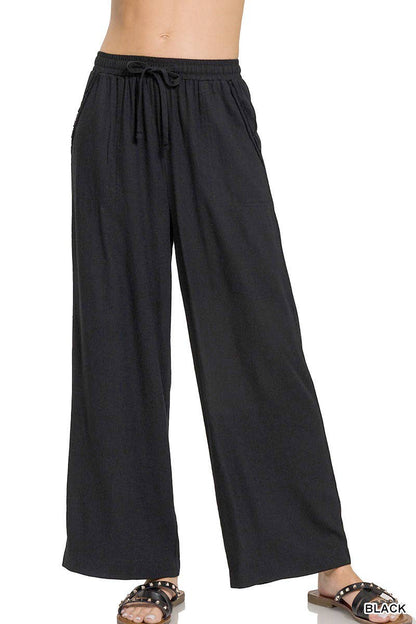 black wide leg linen pants drawstring waist women

