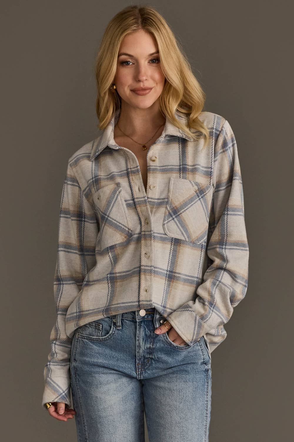 Cream, Dusty Blue & Tan Plaid Button Up