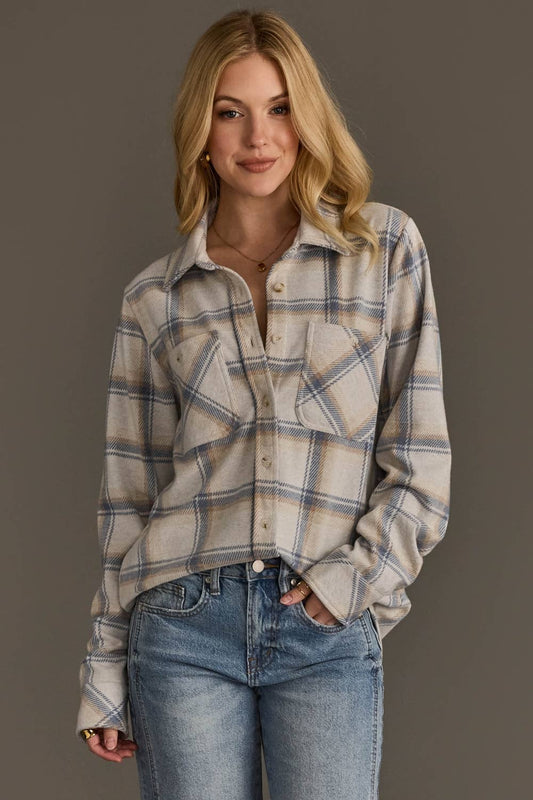 Cream, Dusty Blue & Tan Plaid Button Up