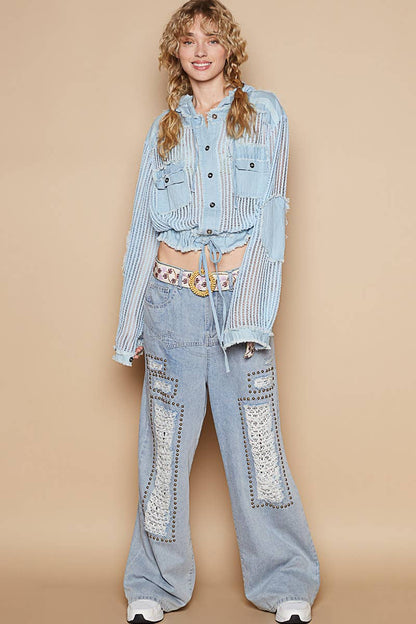 Knit Button Down Hooded Cardigan-Baby Blue