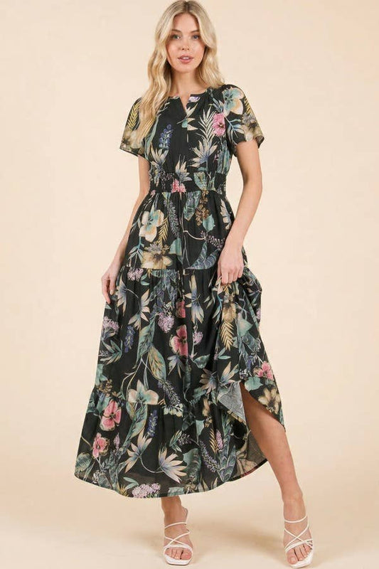 Floral Print Tiered Maxi Dress: Black
