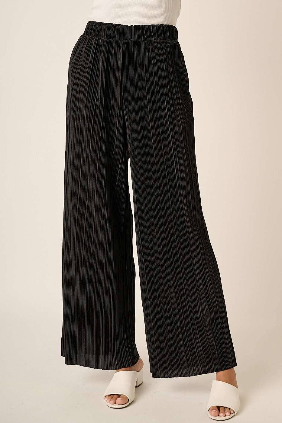 PLEATED SATIN ELASTIC WAIST WIDE LEG PANTS