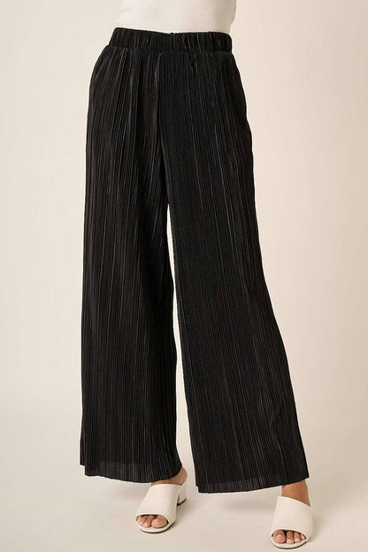 PLEATED SATIN ELASTIC WAIST WIDE LEG PANTS