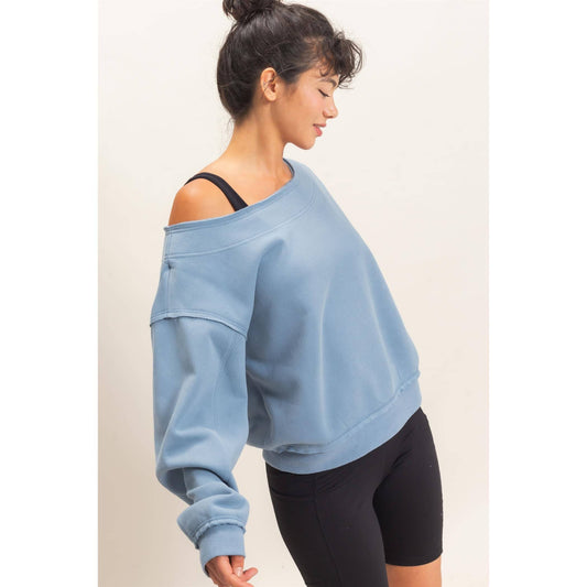 Off The Shoulder Sweatshirt: DUSTY BLUE