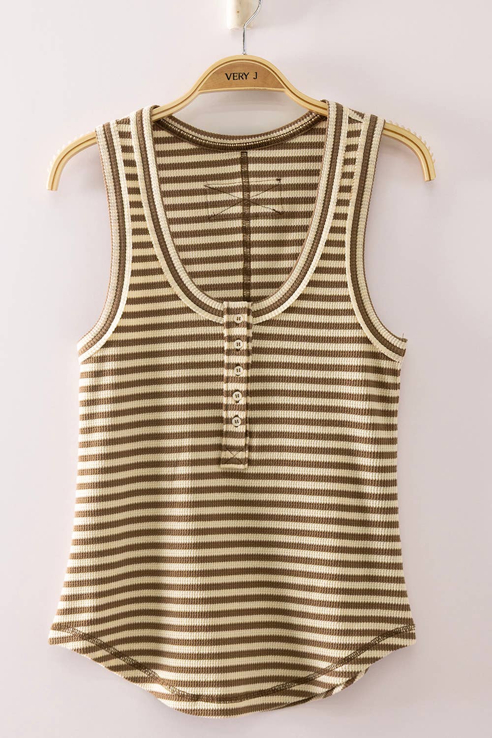 Striped Button Down Fitted Knit Tank Top: MOCHA STRIPE
