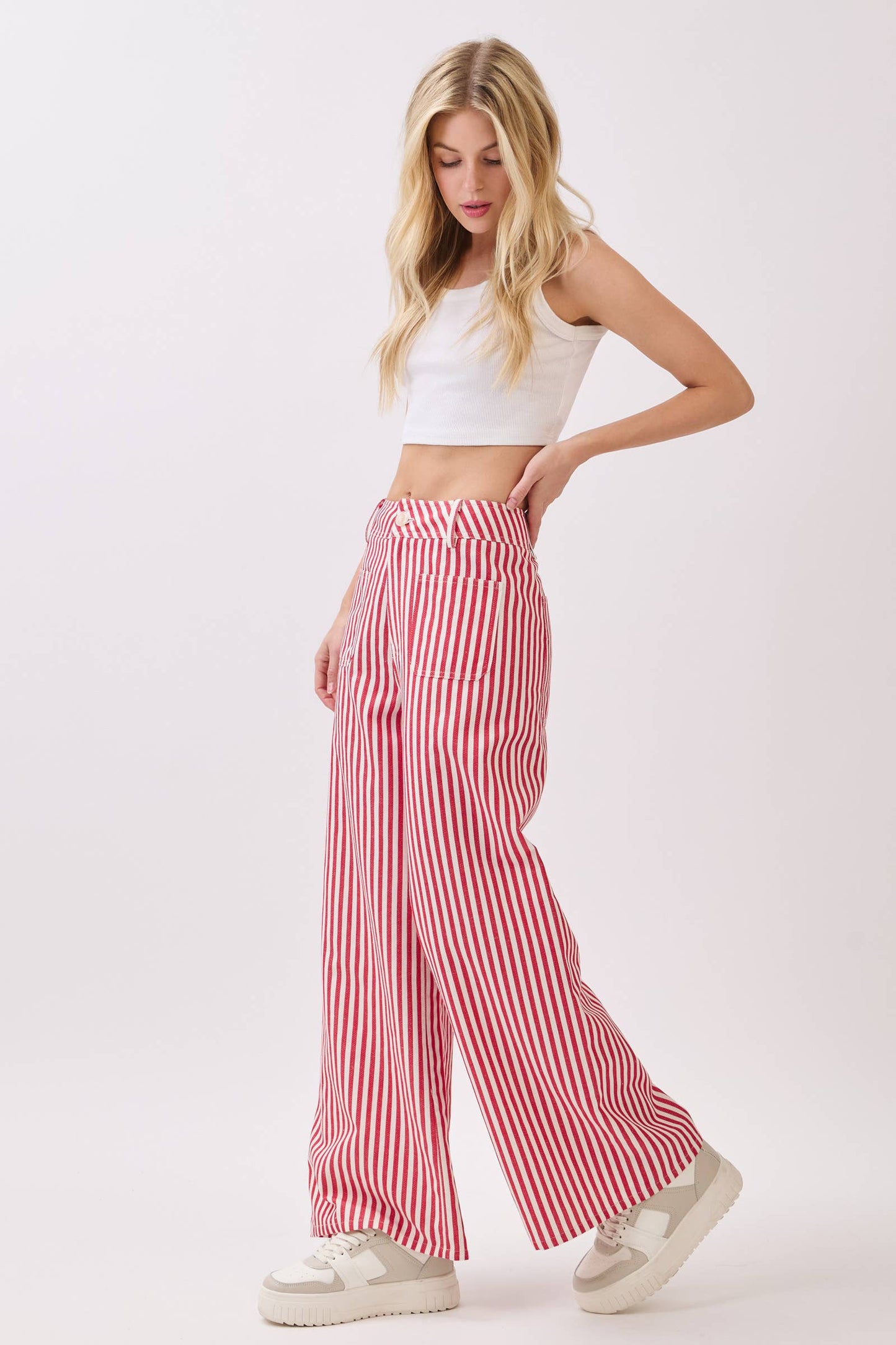 Lightweight Twill Stripe Wide Leg Pants (RED)
