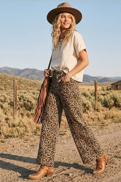 Stretch Twill Leopard Wide Leg Pants: BROWN