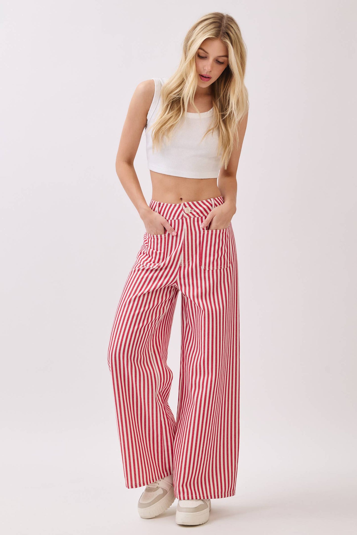 Lightweight Twill Stripe Wide Leg Pants (RED)