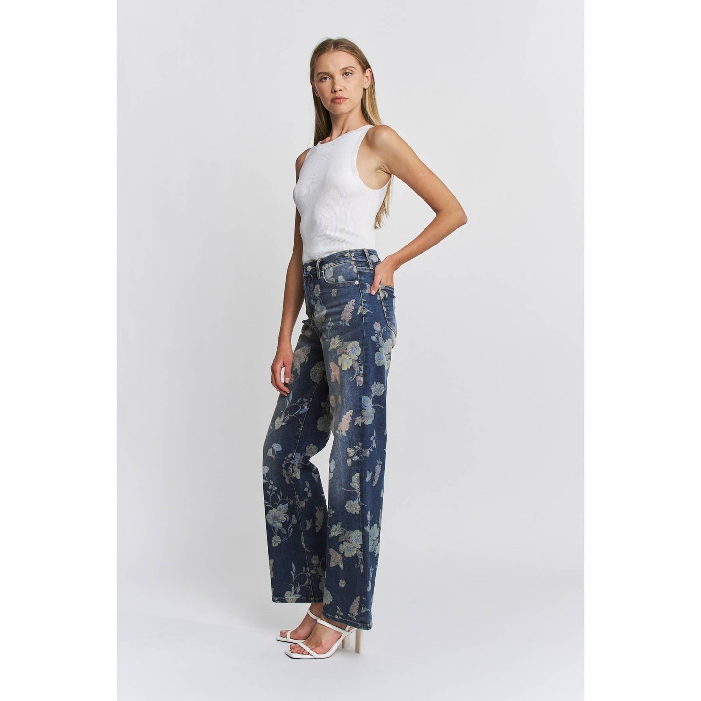 HIGH RISE WIDE LEG FLORAL DENIM