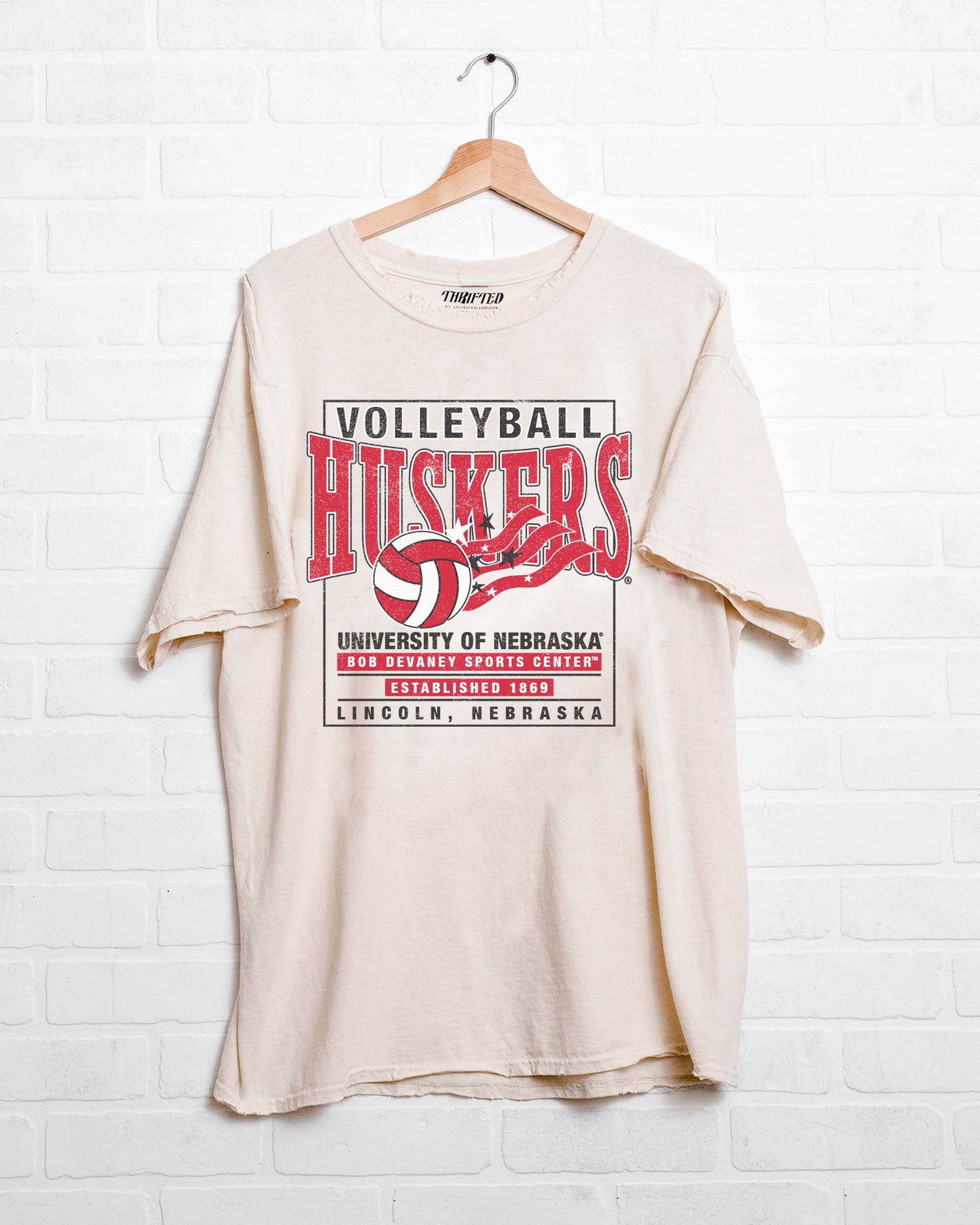 NE Huskers Volleyball Stars Off White Thrifted Tee