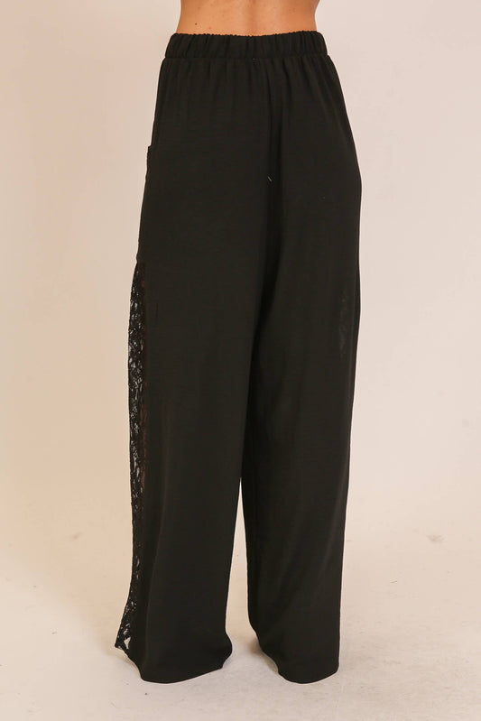 Wide Leg Lace Panel Pants: Black
