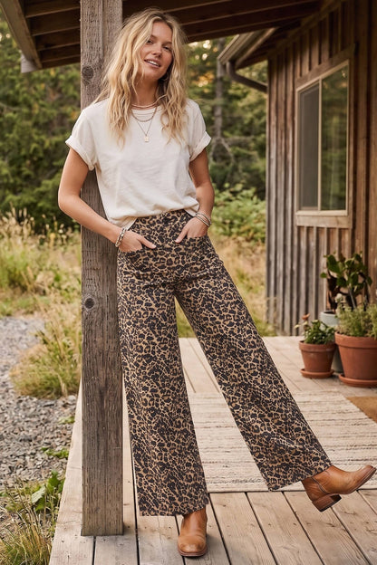 Stretch Twill Leopard Wide Leg Pants: BROWN