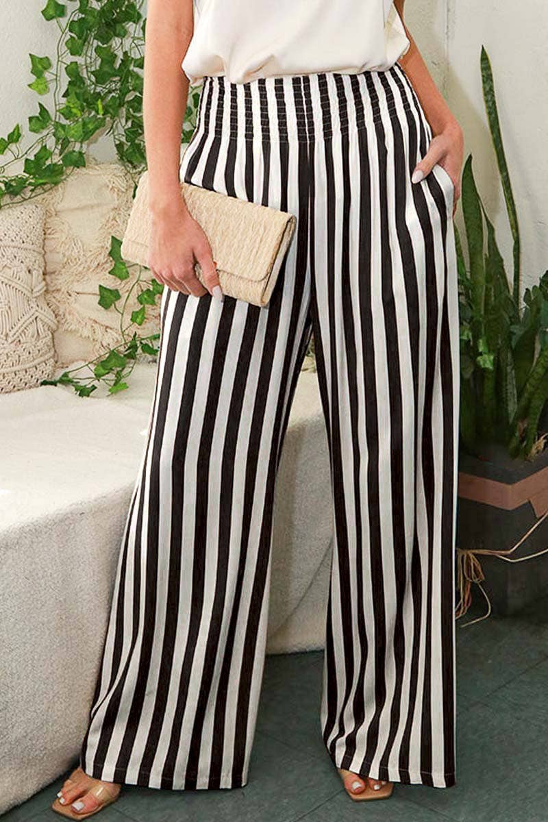 High-Rise Smocked Band Stripe Pants