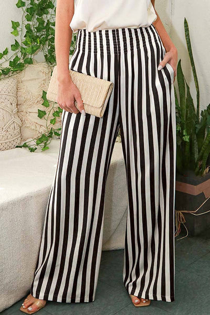 High-Rise Smocked Band Stripe Pants
