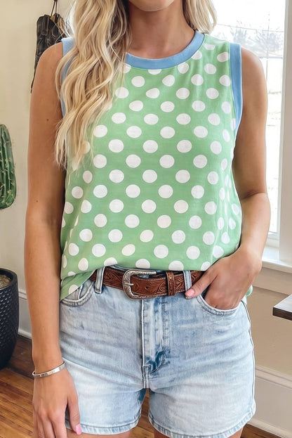 Polka Dot Contrast Trim Tank: Green