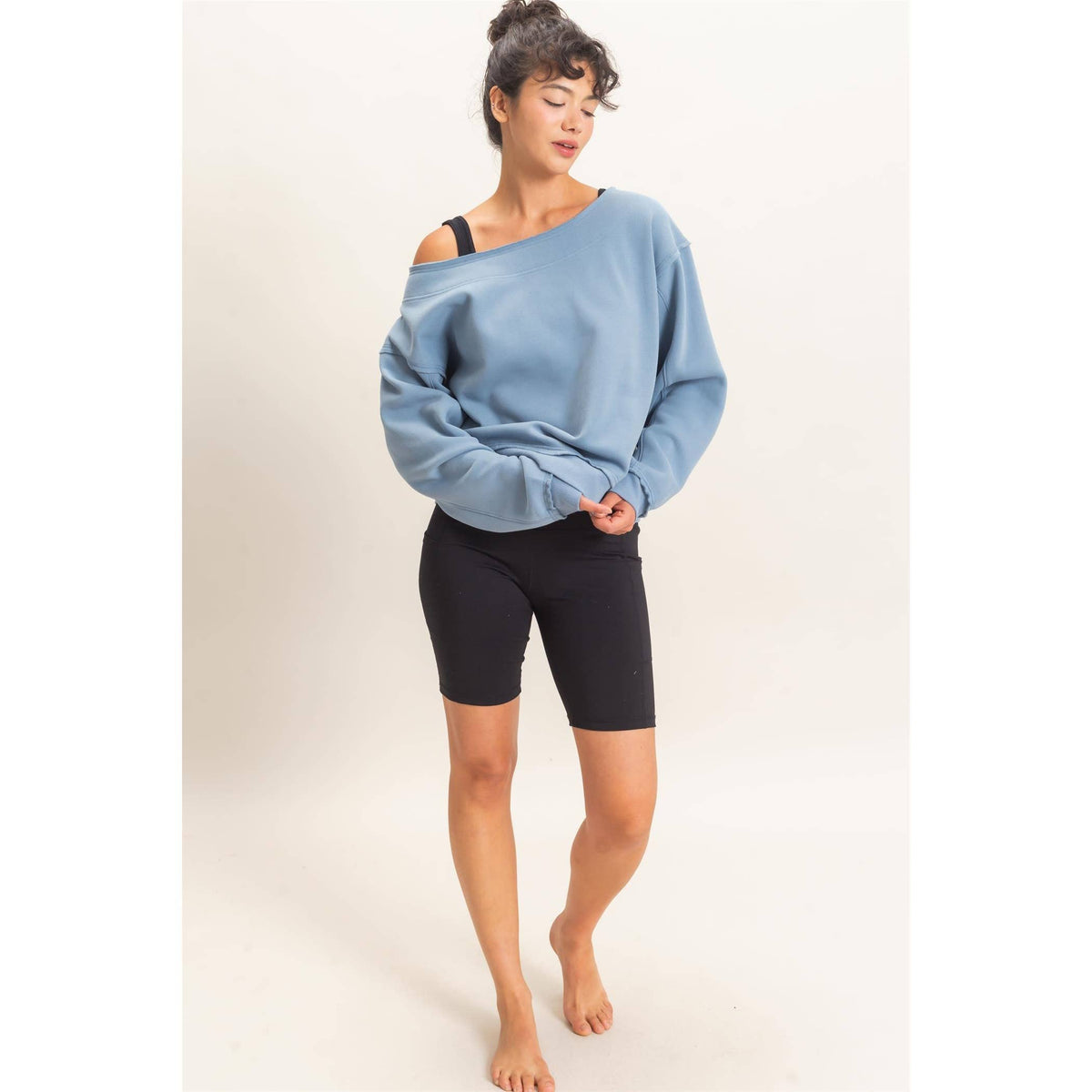 Off The Shoulder Sweatshirt: DUSTY BLUE