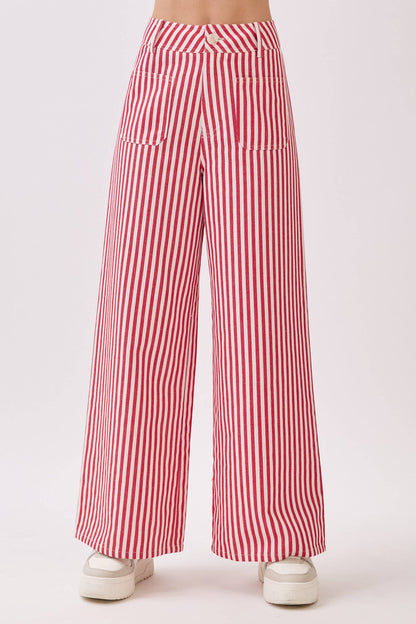 Lightweight Twill Stripe Wide Leg Pants (RED)