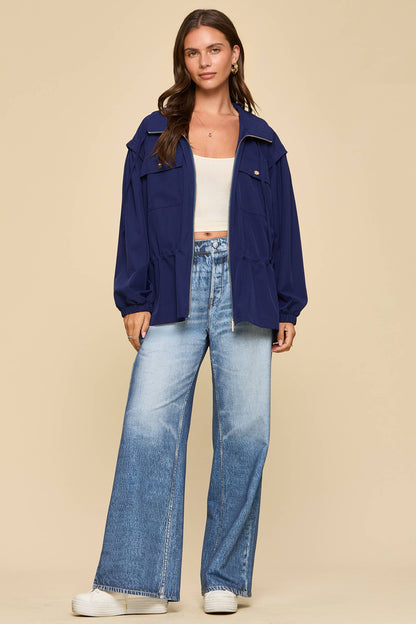Double Breast Pocket Jacket w/ Hood: NAVY