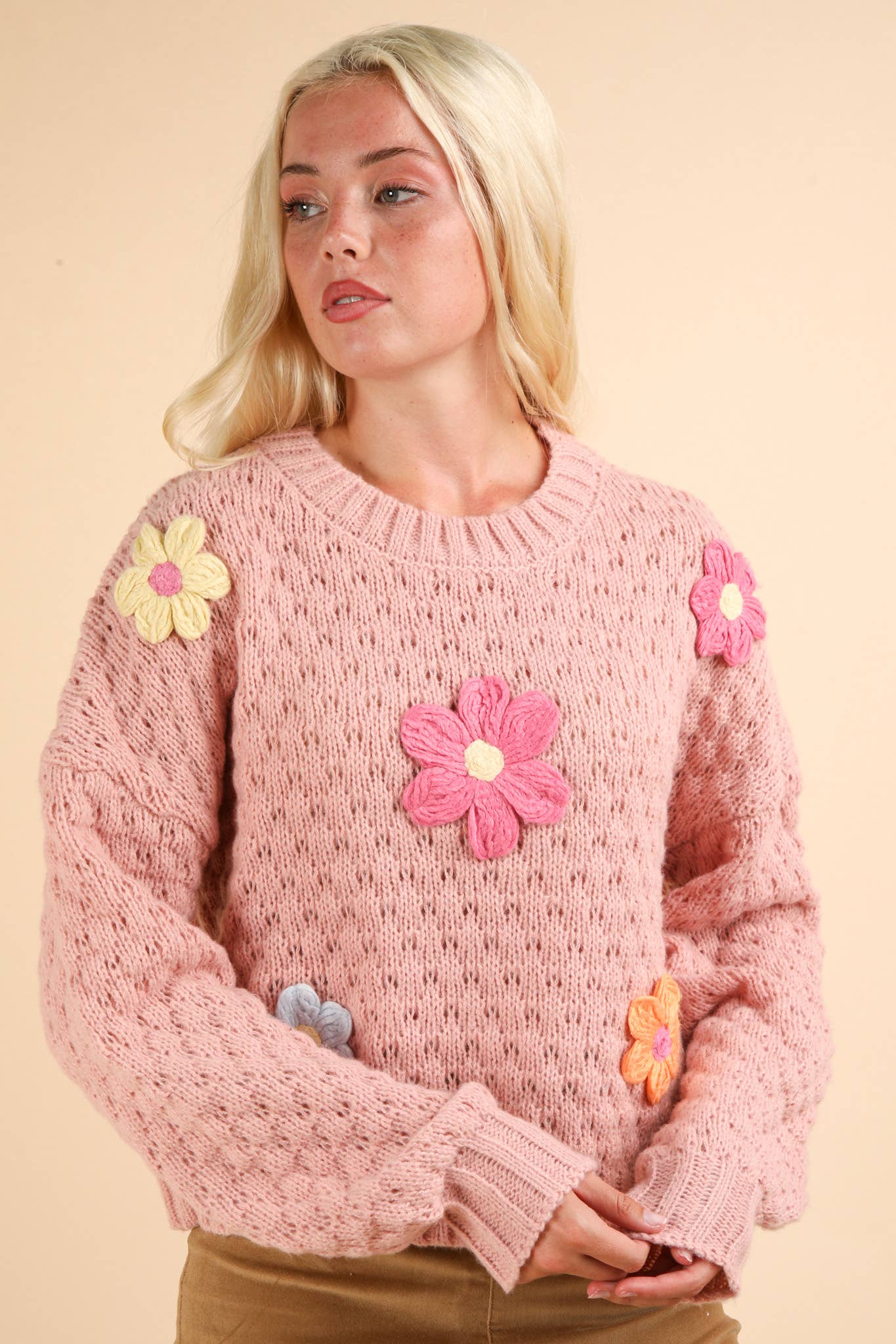 Hand Made Flower Applique Knit Sweater