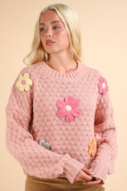 Hand Made Flower Applique Knit Sweater