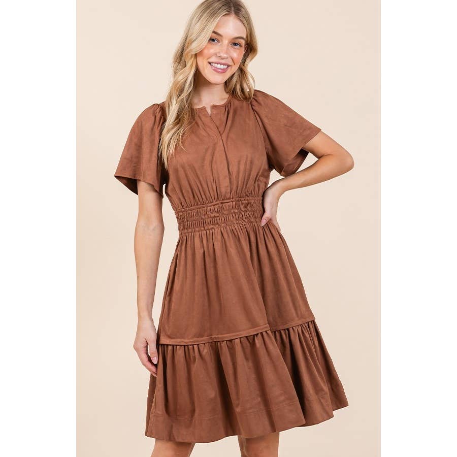 Smocked Waist Short Sleeve Dress: Mocha