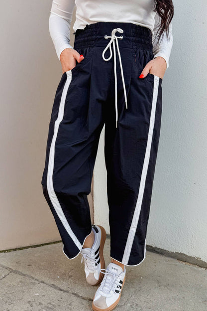 Striped Elastic Waist Drawstring Cropped Pants: Black