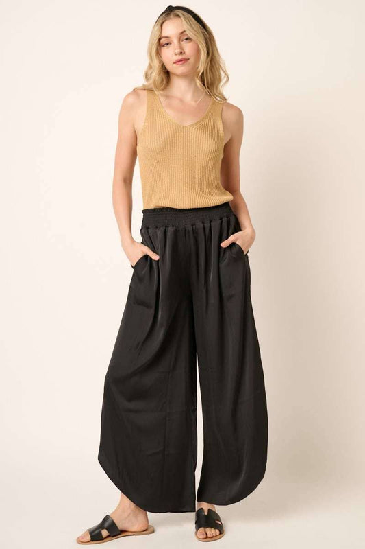 SATIN SMOCKED WAIST WIDE LEG PANTS