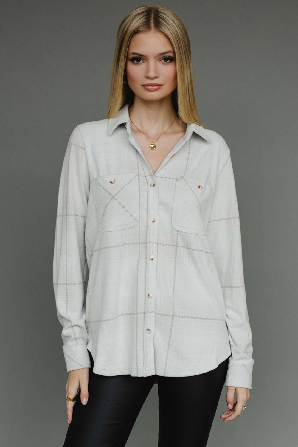 Lt. Tan & Gray Plaid Button Up