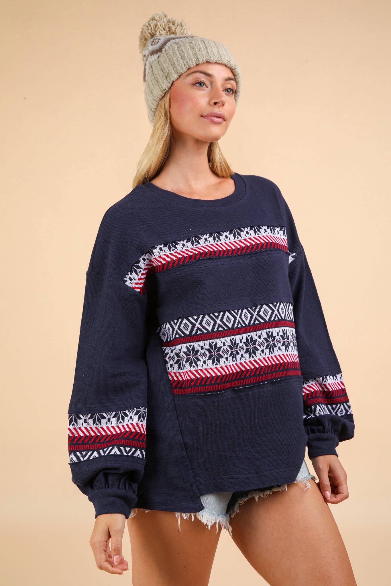 Oversized Printed Contrast Knit Top (Navy)
