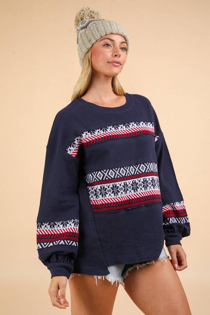 Oversized Printed Contrast Knit Top (Navy)