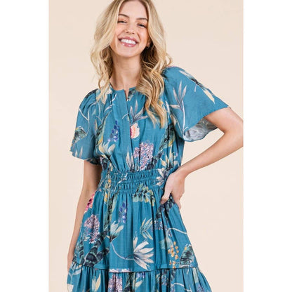 Floral Print Split Neck Tiered Maxi Dress: BLUE COMBO
