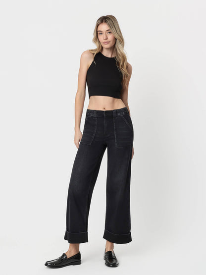 HR Elastic Waist Cuffed Wide Leg Jean-Black