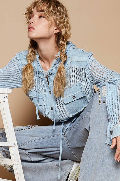 Knit Button Down Hooded Cardigan-Baby Blue