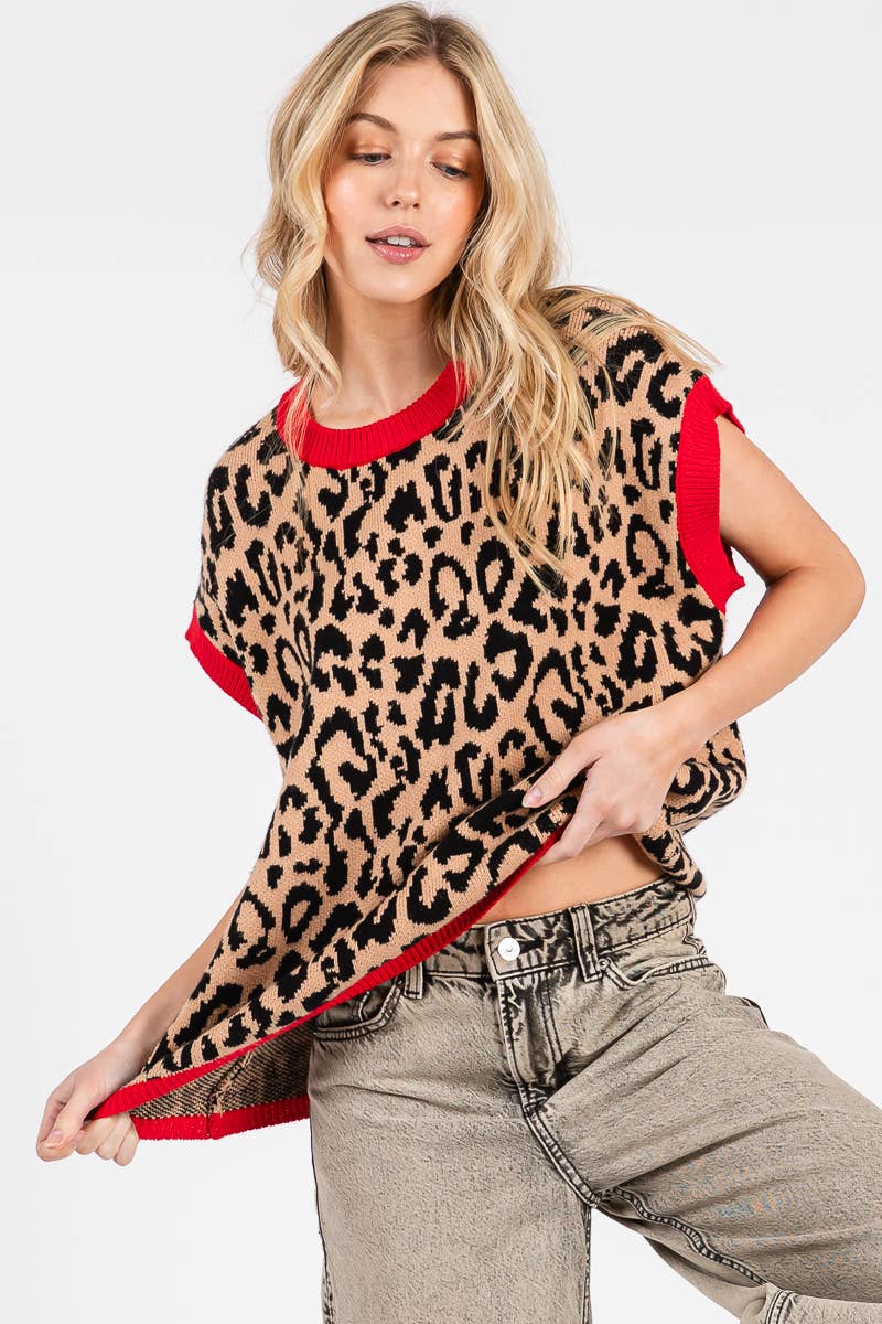 LEOPARD PRINT SLEEVELESS KNIT SWEATER VEST