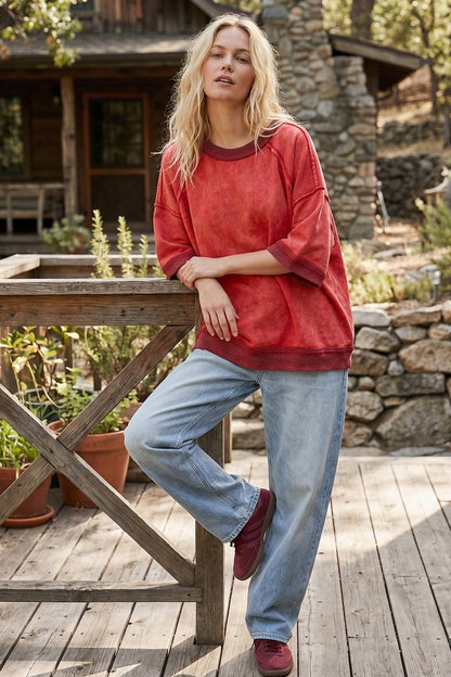 Mineral-Washed Oversized French Terry Top: Red