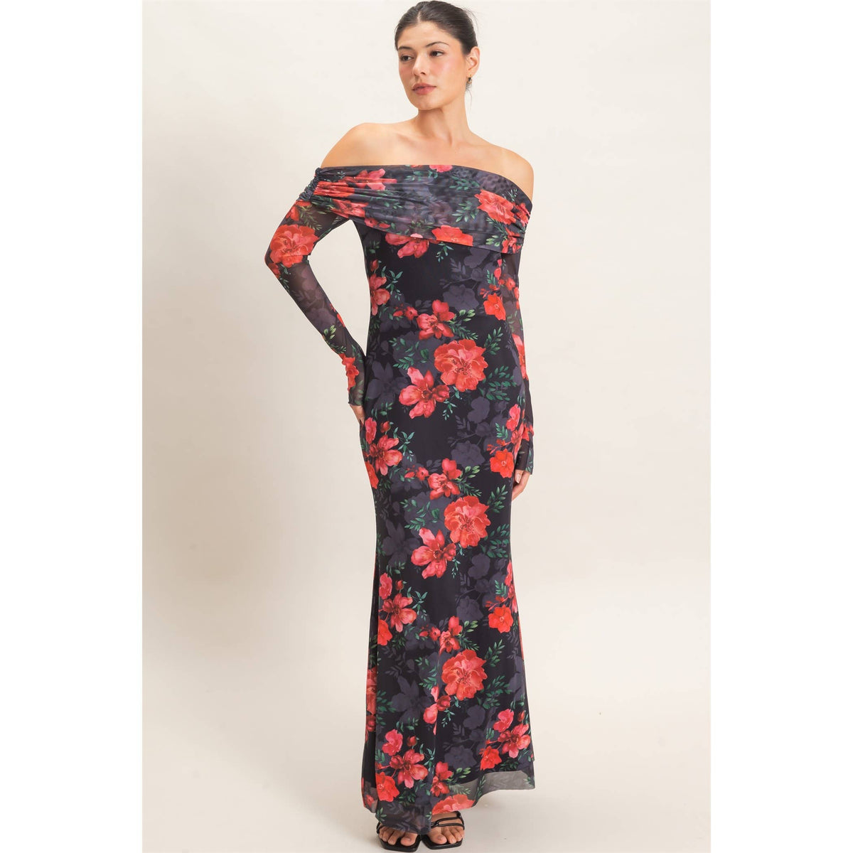 Off Shoulder Floral Mesh Dress